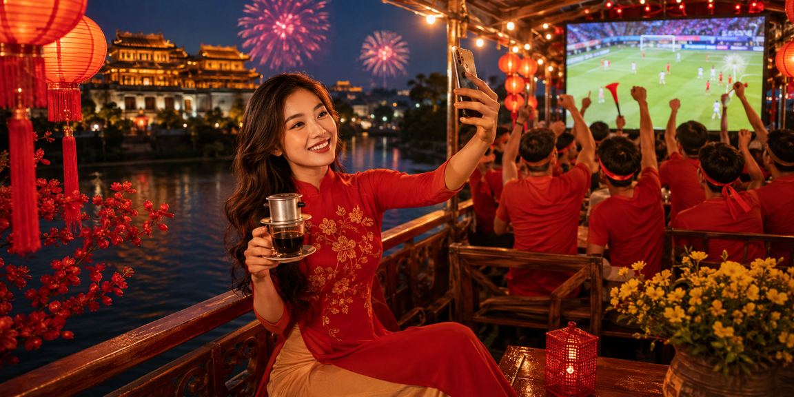 Người dùng Huế thư giãn xem kết quả thể thao qua màn hình điện thoại bên tách cà phê